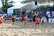 Deutsch: Beachhandball Europameisterschaften 2019 (Beach handball Euro); Tag 1: 2. Juli 2019 – Männer, Vorrunde Gruppe D, Polen-Schweden 2:1 (18:10, 15:9; 8:6) English: Beach handball Euro; Day 1: 2 July 2019 – Men Preliminary Round Group D – Poland-Sweden 2:1 (18:10, 15:9; 8:6)