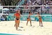 Deutsch: Beachvolleyball bei den Olympischen Jugendspielen 2018; Tag 9, 15. Oktober 2018; Mädchen, Viertelfinale: USA-Spanien 2–1 (21–19/17–21/15–9) English: Beach volleyball at the 2018 Summer Youth Olympics at 15 October 2018 – Girls Quarterfinals: USA-Spain 2–1 (21–19/17–21/15–9)