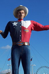 Big Tex presided over every Texas State Fair since 1952 until it was destroyed by a fire in 2012. Since then a new Big Tex was created. Big Tex.JPG