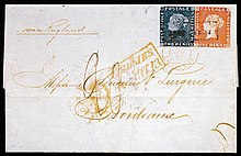 "Bordeaux Cover" with Mauritius 1d Red and 2d Deep Blue "Post Office" auctioned for CHF 5,750,000 in 1993 (equivalent to CHF 6.6 million in 2021). Bordeaux Cover.jpg