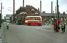 A trolleybus at the former centre Grangetown market square on the 31 March 1968