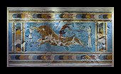 The Minoan fresco named the Bull-Leaping Fresco; 1675-1460 BC; lime plaster; height: 0.8 m, width: 1 m; from the palace at Knossos (Crete); Heraklion Archaeological Museum