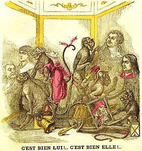 Dessin de Zède confrontant des personnalités républicaines, caricaturées en singes, aux grandes figures de la Révolution française (5 décembre 1880).