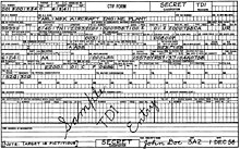 An example (with a fictitious target) of a Consolidated Target Intelligence File (CTIF) form with an example of a (fictitious) Bombing Encyclopedia target data (including the "B.E." number), from 1958. CTIF Bombing Encylopedia Example 1959.jpg