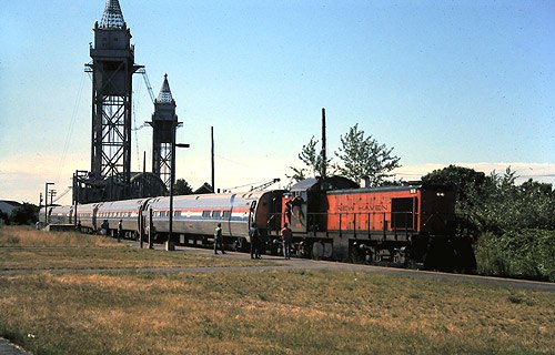 The Cape Codder at Buzzards Bay, with an ex-New Haven Railroad RS-1 leading, in July 1990