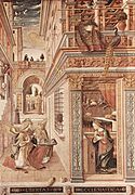 L'annonciation de Crivelli (1486) Perspective conique parfaite et de plus décentrée. Toutes les lignes parallèles à la direction du regard semblent fuir vers la fenêtre du fond de la cour.