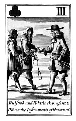 Three of Clubs. Bulstrod and Whitlock present to Oliver the Instruments of Governmt.