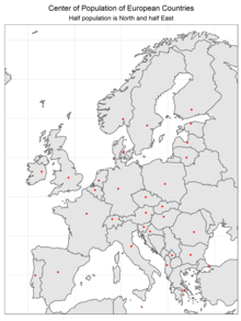 European Countries median center of population in 2011 Center of Population of European Countries.png