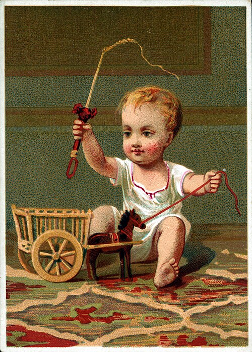 19th century illustration of a child playing with a toy horse and cart