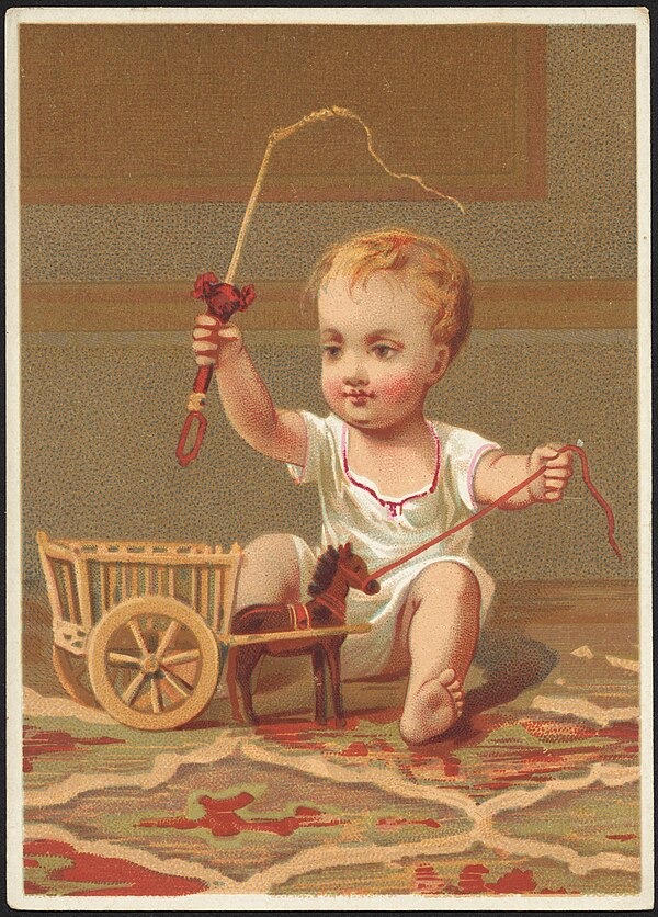 19th century illustration of a child playing with a toy horse and cart