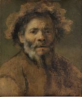 Attributed to Carel Fabritius. Study of an old man label QS:Len,"Study of an old man" label QS:Lpl,"Studium starego mężczyzny" label QS:Lnl,"Studie van een oude man" 1637-1654. oil on canvas medium QS:P186,Q296955;P186,Q12321255,P518,Q861259 . 26 × 21 cm (10.2 × 8.2 in). The Hague, Royal Picture Gallery Mauritshuis.