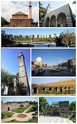 Top left: Ali Pasha Mosque, Top right: Nebi Mosque, 2nd: Seyrangeha Park, 3rd left: Dört Ayaklı Minare Mosque, 3rd upper right: Deriyê Çiyê, 3rd lower right: On Gözlü Bridge (or Silvan Bridge), over Tigris River, Bottom lef t: Diyarbakır City Wall, Bottom right: Gazi Köşkü (Veterans Pavilion)