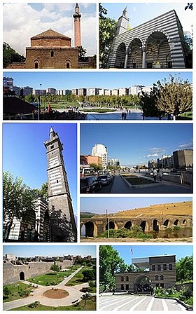 Od zgoraj navzdol: Ali Pašina mošeja, Nebijeva mošeja, Park Seyrangeha, Minaret Dört Ayaklıjeve mošeje, Deriyê Çiyê, Most On Gözlü na Tigrisu, Mestno obzidje, Gazi Köşkü (Paviljon veteranov)