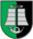 A coat of arms depicting a grey boat hovering over two partitions of grey water that are themselves hovering over a grey horn all on a green-and-black background
