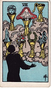 Seven of cups from the Rider-Waite tarot deck Cups07.jpg