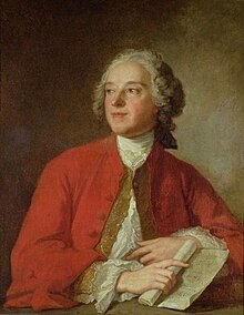 Lukisan Pierre-Augustin Caron de Beaumarchais tahun 1755, tampak dengan baju berwarna merah dan memegang skriptur.