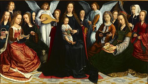 Maria met kind, engelen, heiligen en stichters (David)