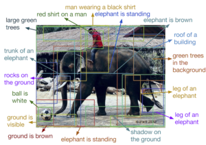 Output of DenseCap "dense captioning" software, analysing a photograph of a man riding an elephant DenseCap (Johnson et al., 2016) (cropped).png