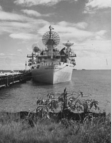 U.S. Army tracking ship (1958-1964) USAS American Mariner docked at Chaguaramus, Trinidad Dmp trinidad dock.jpg