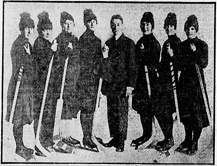 Edmonton Monarchs in 1918. Left to right: Jess Tidsbury (left wing), Cora Vance (left defense), Isabel Coffey (goaltender), Marion Peacock (rover), Potts Newman (coach), T. Guilfoyle (right defense), M. Blades (center), V. Moore (right wing). Edmonton Monarchs 1918.jpg