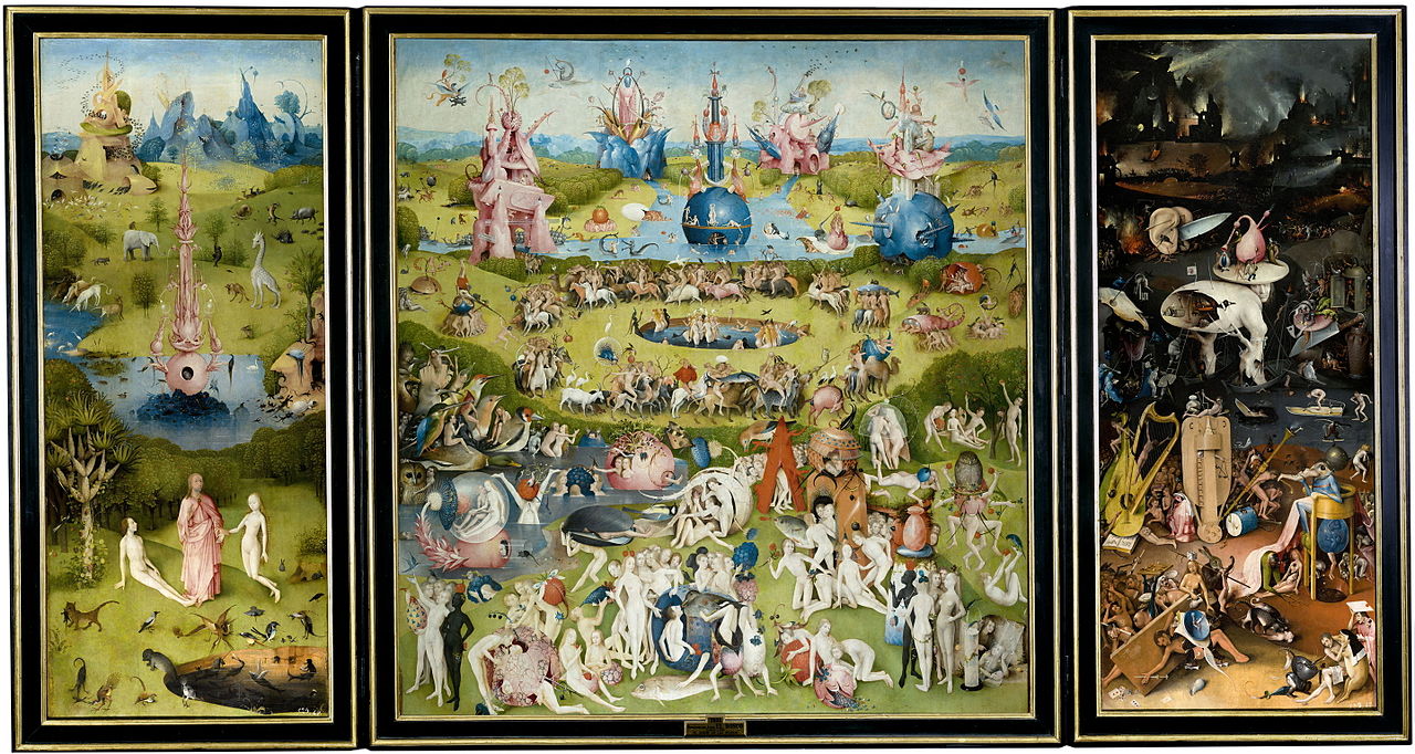 Hieronymus Bosch, The Garden of Earthly Delights, oil on oak panels, 220 cm × 389 cm (87 in × 153 in), Museo del Prado, Madrid