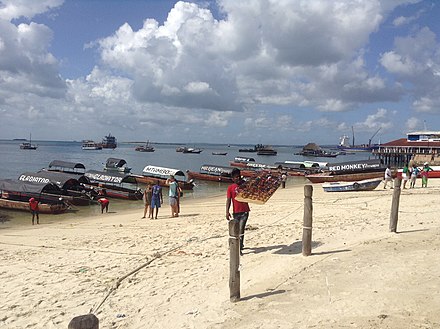 A beach in Zanzibar transformed into a transportation hub catering towards tourists, with vendors like the one in the foreground, selling goods mostly for tourists. Tourism frequently displaces local communities from access to natural resources in favor of tourist industry needs.