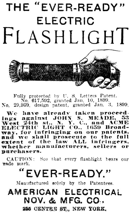 January 1899 Ever-Ready flashlight ad mentioning the proceedings against the alleged patent-infringing rival companies.