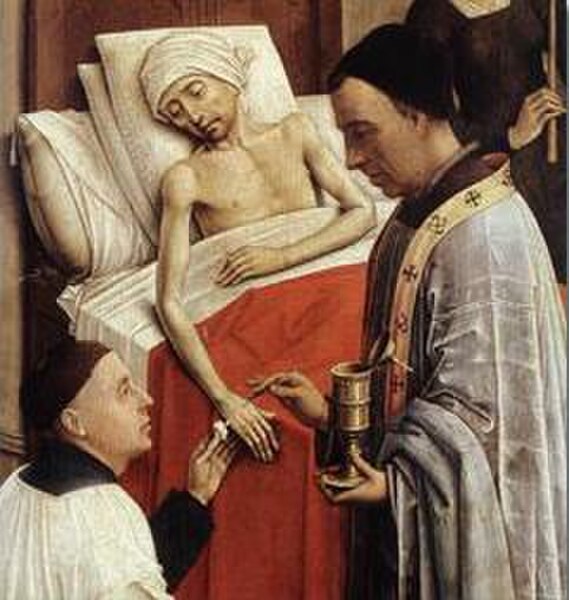 Detail of The Seven Sacraments (1445) by Rogier van der Weyden showing the sacrament of Extreme Unction or Anointing of the Sick