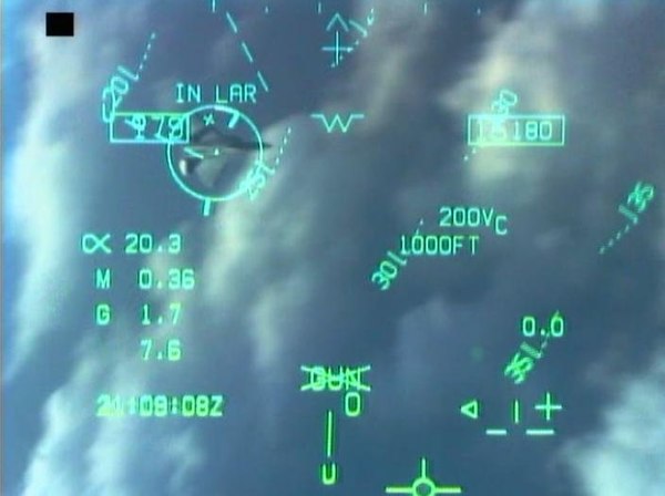 Head-up display of an F/A-18 Hornet during dogfight simulations