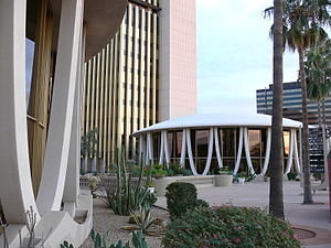 View from Northwest showing the South rotunda. A portion of the tower and North rotunda are also visible. FLWright Phoenix Financial Center PHX AZ USA 20557.JPG