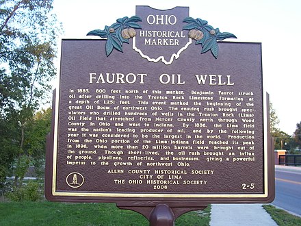 Ohio historical marker outlining Lima's oil history with Faurot