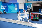 Deutsch: Fechten bei den Olympischen Jugend-Sommerspielen 2018: Tag 1, 7. Oktober 2018, Jungen, Säbel, Viertelfinale - Samuel Jarry (FRA) - Mazen Elaraby (EGY) 14:15 English: Fencing at the 2018 Summer Youth Olympics at 7 October 2018 – Boys' sabre Quarterfinals – Samuel Jarry (FRA) Vs Mazen Elaraby (EGY) 14:15