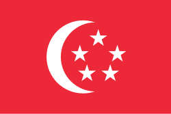 A white crescent and five stars (arranged in a pentagon) centred on a red background