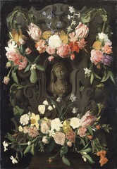 Flower around a Cartouche with an Image of the Virgin