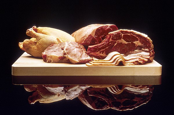 A selection of uncooked red meat, pork and poultry, including beef, chicken, bacon and pork chops