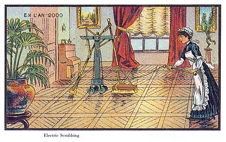 Retrofuturistic illustration of an "electric scrubber" in the year 2000, as envisaged by an artist in 1899