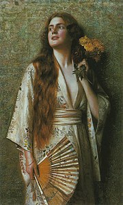 Frau im Kimono mit Fächer und Blumen (1900)