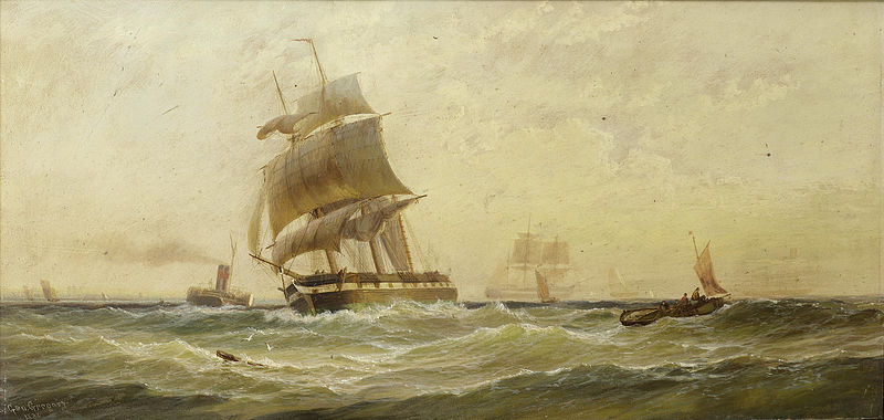 File:George Gregory - Running down the Channel in a fair wind as she clears the stern of the ferry.jpg