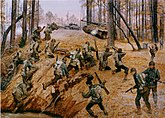 Di latar depan kelompok Jepang-tentara Amerika mendaki sebuah bukit dan mulai api di atas sebuah tank jerman di latar belakang yang disertai oleh jerman setengah-track di daerah berhutan.