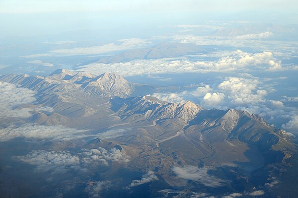 Gran Sasso d'Italia massif seen from an airplane. Part of the Apennine Mountains, it is located in the Abruzzo region of Italy.