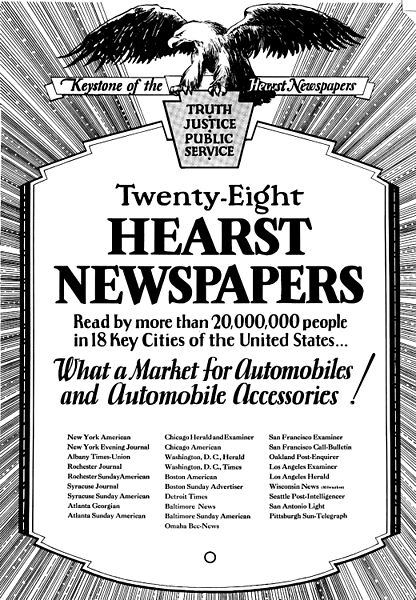 An ad asking automakers to place ads in Hearst chain, noting their circulation