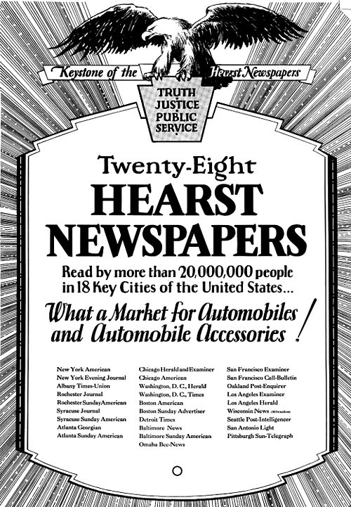 An ad asking automakers to place ads in Hearst chain, noting their circulation