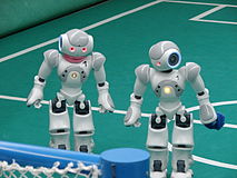Robots Nao joueurs de football lors de la RoboCup 2010 à Leipzig.