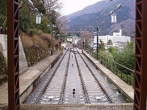 从列车上拍摄上大平台信号场月台及两侧轨道， 左侧前往宫之下站、右侧为往大平台站（2007年）