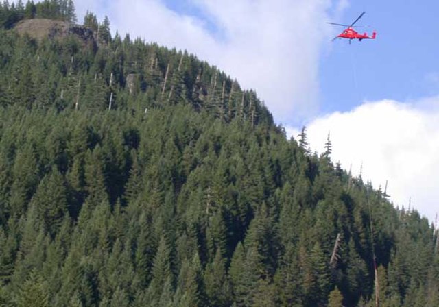 Helicopter carrying timber along the Breitenbush River in the Willamette National Forest