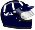 Le casque intégral de Graham Hill utilisé en Formule 1 à partir de la fin des années 1960. Sur le heaume du pilote originaire du quartier londonien d'Hampstead, passionné d'aviron, figure le code visuel (de l'époque) du London Rowing ClubLondon Rowing Club dont il dirigeait le huit barré.