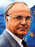 Portait of Helmut Kohl in front of European Flag