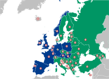 Maximum speed limits by country in Europe in km/h (and their matching highway signpost color) Highway speed limits europe with indicator colors.svg