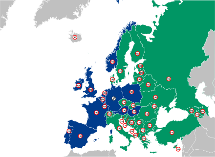 Maximum speed limits by country in Europe in km/h (and their matching highway signpost color)