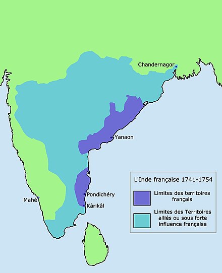 Possessions et zone d'influence française en Inde, 1741-1754. Les compagnies britanniques et françaises en Inde rompent avec la politique des comptoirs et entament une politique de pénétration et de conquête. En 1743, les deux compagnies traitent entre elles pour savoir si elles resteront en dehors du conflit européen. Les Britanniques finissent par refuser.